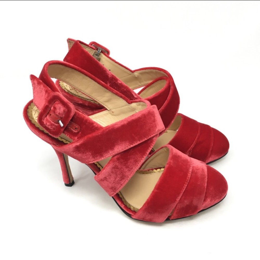 New Charlotte Olympia Red Velvet Strappy Heels - Picture 5 of 5